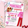 pink and red themed pancakes and pajamas party invitation set on a pink table top with candy and flowers